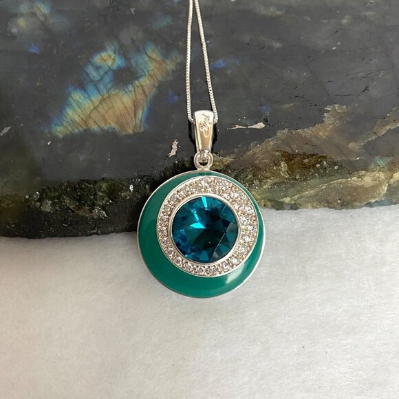 Sterling Silver 925 David Sigal Round Turquoise Enamel Pendant Necklace 20" - Picture 4 of 16